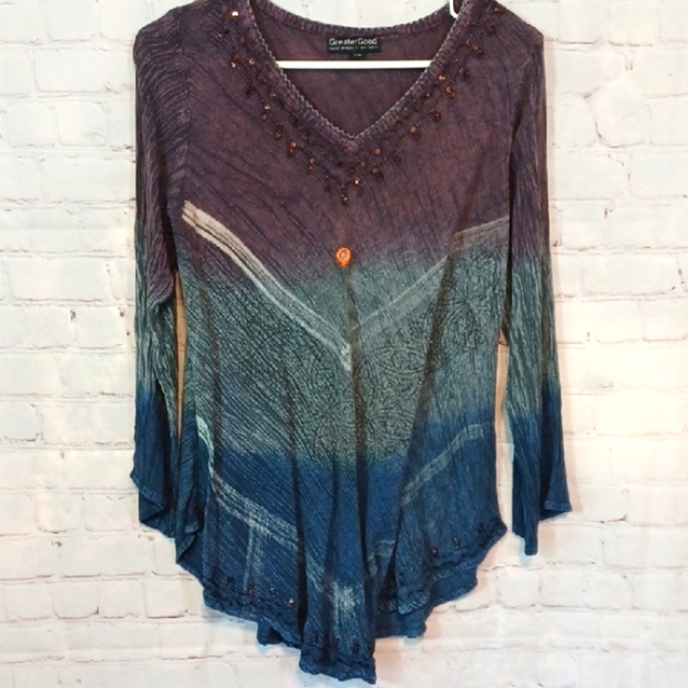Y2K Boho Greater Good Tye Dye Emboidery  Blue & Purple   Top S-M
